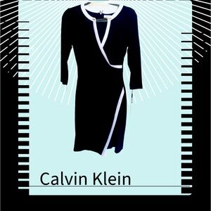 CALVIN KLEIN Black Long Sleeve Faux Wrap Dress